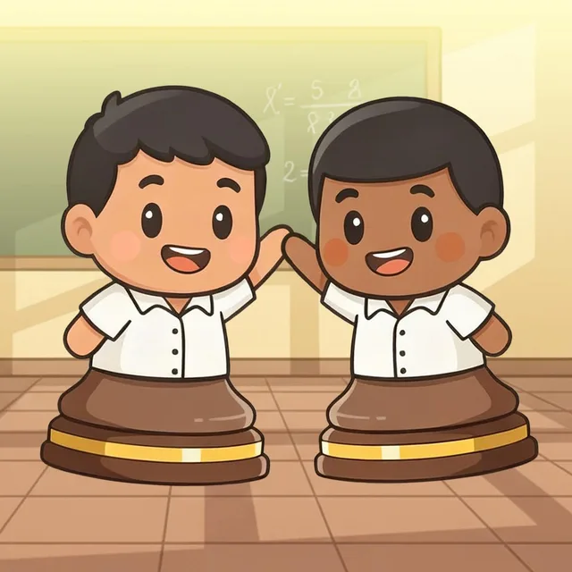 The Chesskadads mascots: two smiling chess-pawn kids in school uniform giving each other a high five.